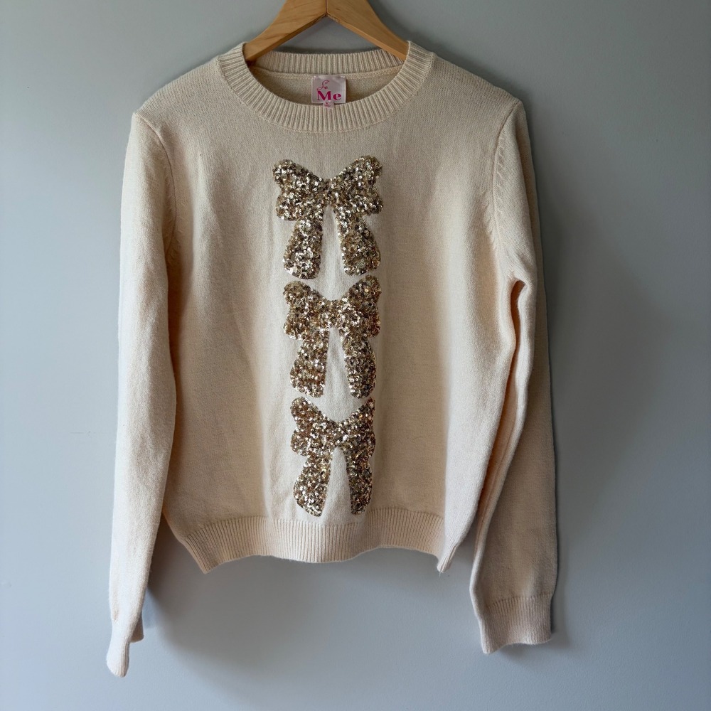 So Me Cream Sequin Bow Sweater Womens Large Gold Sparkle Knit Crewneck ST1673-02